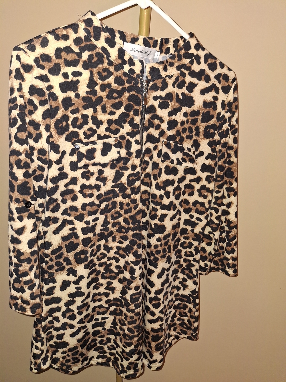 Animal Print Zip-Front Tunic - Leopard Pattern